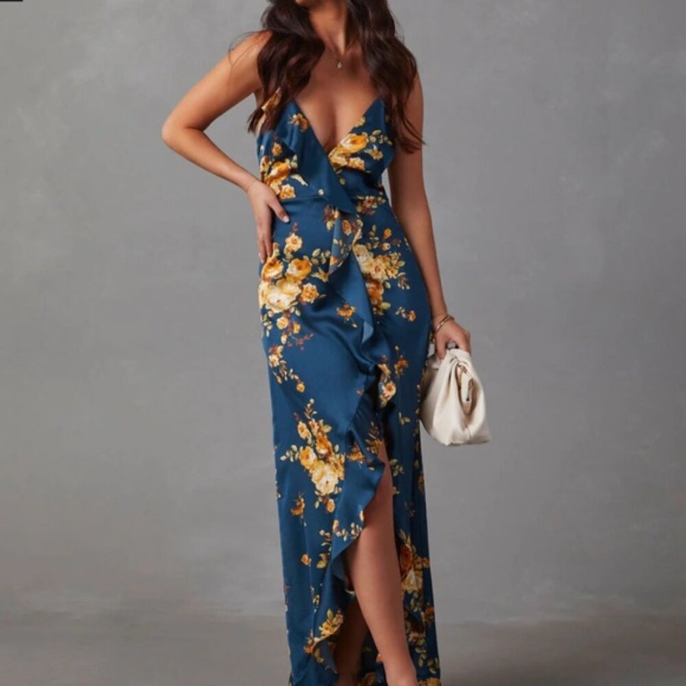 Capriccio Satin Floral Ruffle Maxi Dress - Dark Blue Small